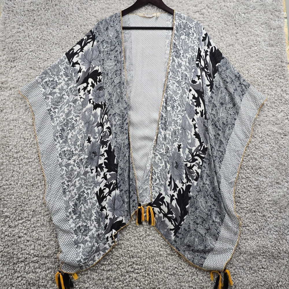 Soft Surroundings Kimono Wrap Womens OS Black White Floral Tassel Boho Layer